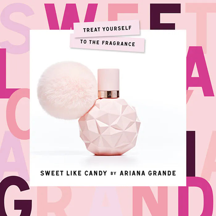 Pink perfume bottle with geometric design on a pink and white background with text.