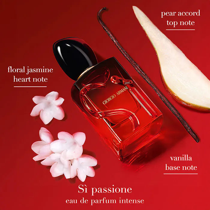 Giorgio perfume bottle with floral elements and pear on a red background