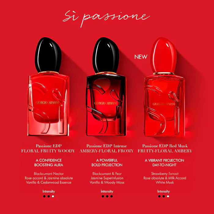 Three red perfume bottles with labels on a red background, featuring the brand 'Giorgio