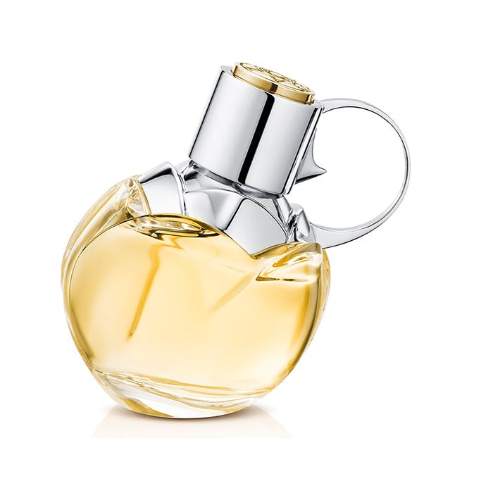Perfume bottle with a silver cap on a white background