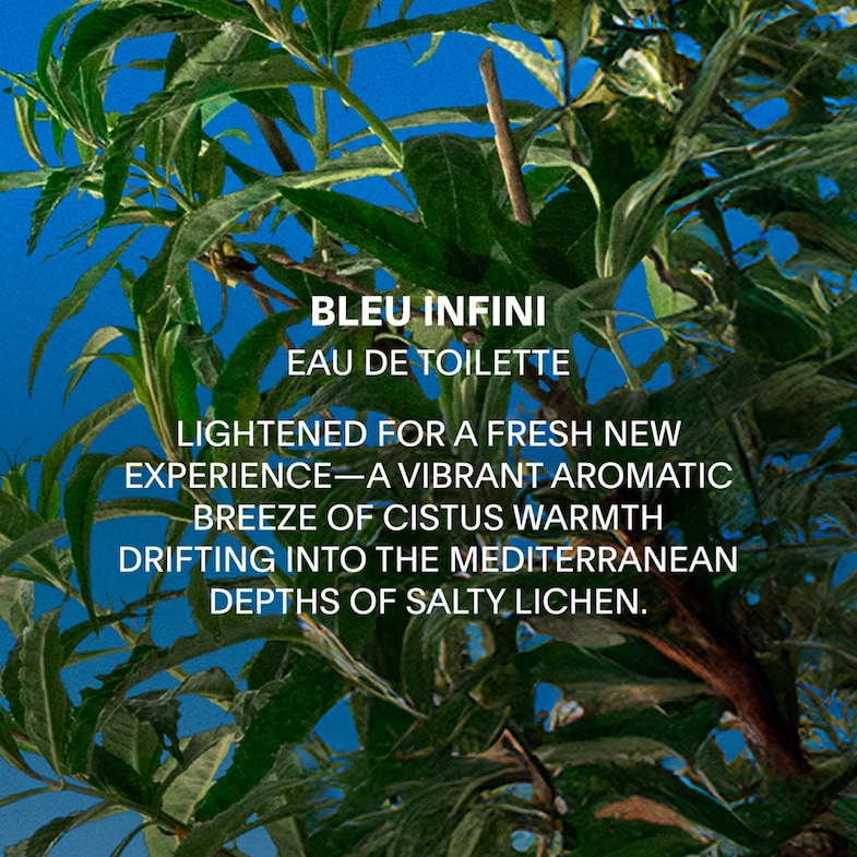 Advertisement for Bleu Infini Eau de Toilette with plant imagery on a blue background