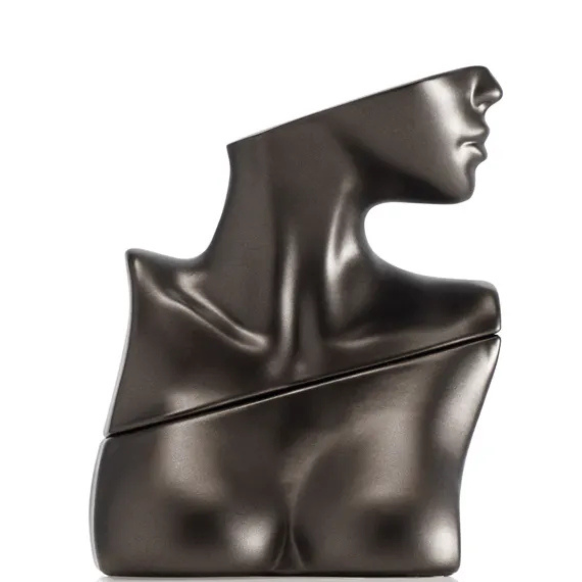 Bronze-colored sculpture of a face on a white background