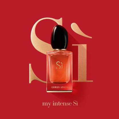 Perfume bottle with 'my intense Si' text on a red background