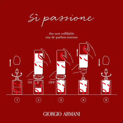 Giorgio Si Passione refillable eau de parfum on a red background with step-by-step illustration.