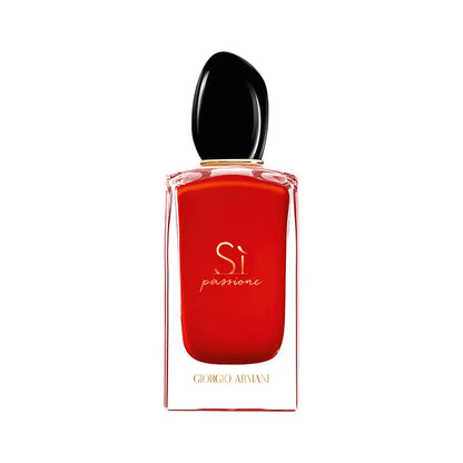 Red perfume bottle with black cap on a white background