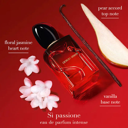 Giorgio perfume bottle with flowers and a pear on a red background