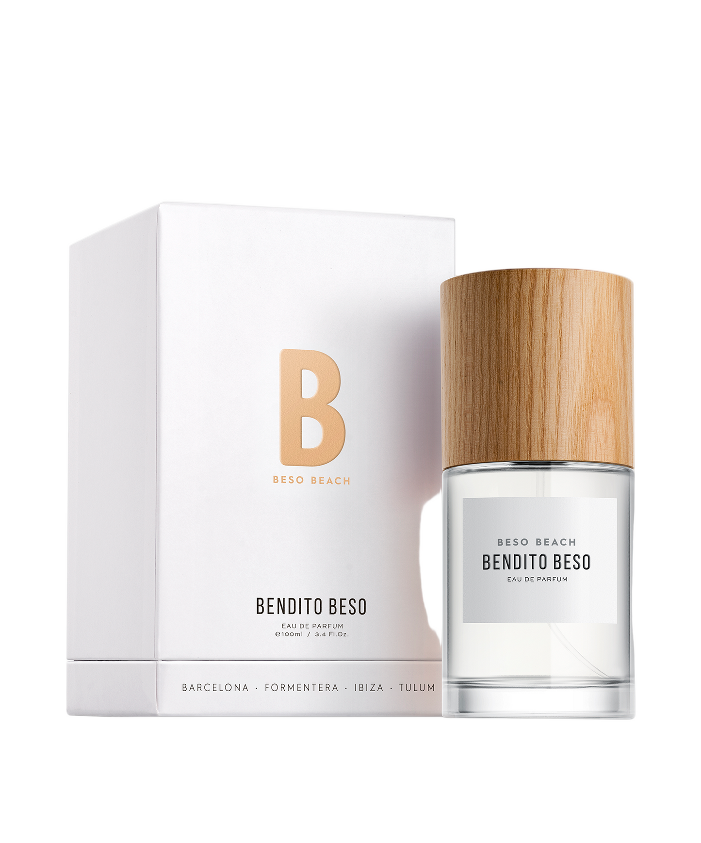 perfume bottle with wooden cap and packaging on a white background