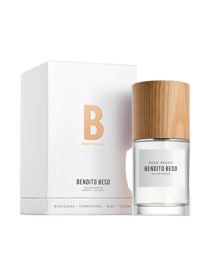 perfume bottle with wooden cap and packaging on a white background