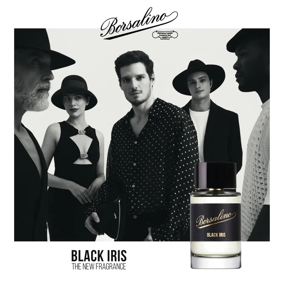  Iris fragrance advertisement with models and a bottle.