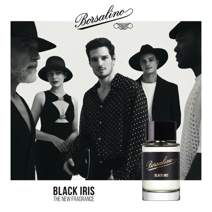  Iris fragrance advertisement with models and a bottle.