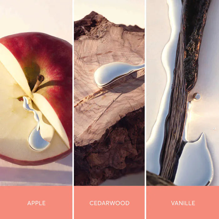 Three product images labeled 'Apple', 'Cedarwood', and 'Vanille' with a peach-colored background.