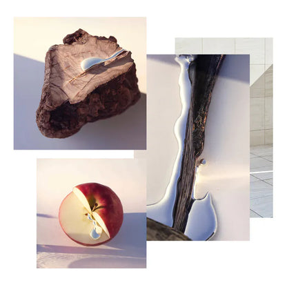 Collage of a rock, apple, and tree bark with water droplets on a light background